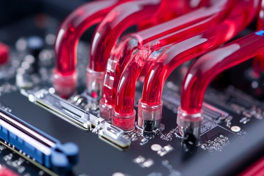 Liquid cooling system with red tubing on a circuit board enhances performance and aesthetic appeal
