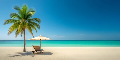 Obraz premium Relaxation on a tranquil beach with palm trees and clear turquoise waters during a sunny day wallpaper