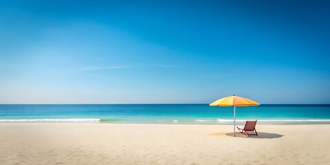 Obraz premium Tranquil beach minimalism features a lone chair under a vibrant umbrella on a serene shoreline at midday wallpaper