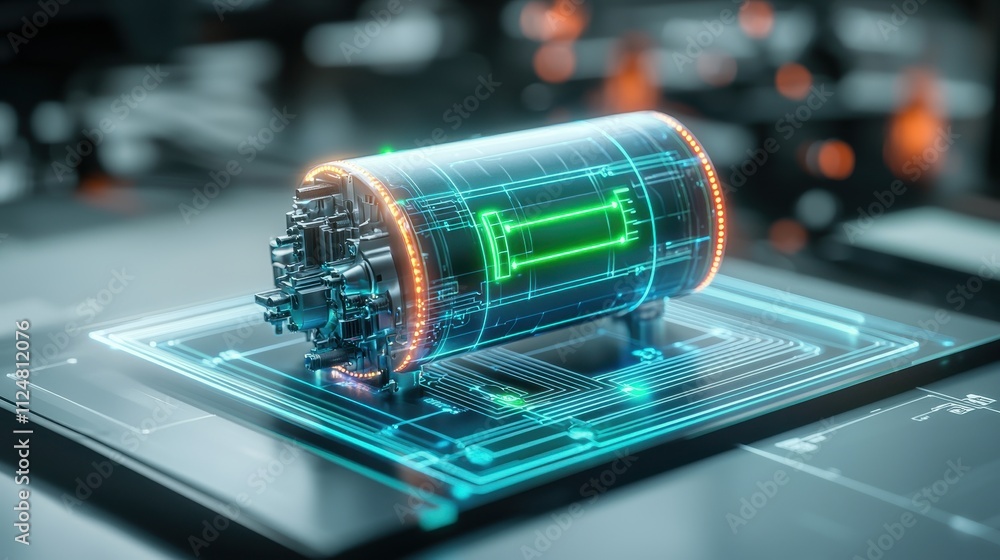 Poster digital representation of a futuristic battery with glowing elements on a circuit board.