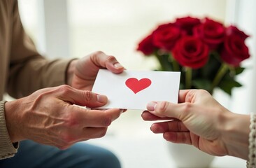 Obraz premium Hands close up man giving valentine day card to woman