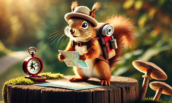 Cute little cartoon 3D realistic squirrel ready to travel on sunny day in a forest talking slowly