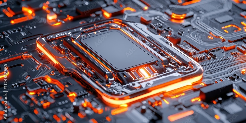 Poster close-up of a futuristic microchip on a circuit board illuminated with orange light.