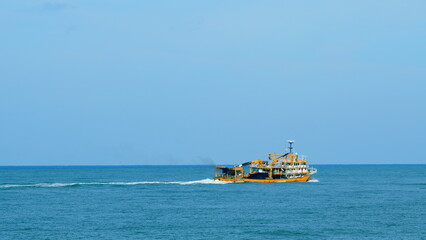 Fisherman Boat In The Black Sea. Lonely Fishing Boat Sails On The Sea With Nets On Board. Real time. © artifex.orlova