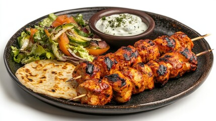 Fototapeta premium Delicious Chicken Kebabs with Salad and Flatbread