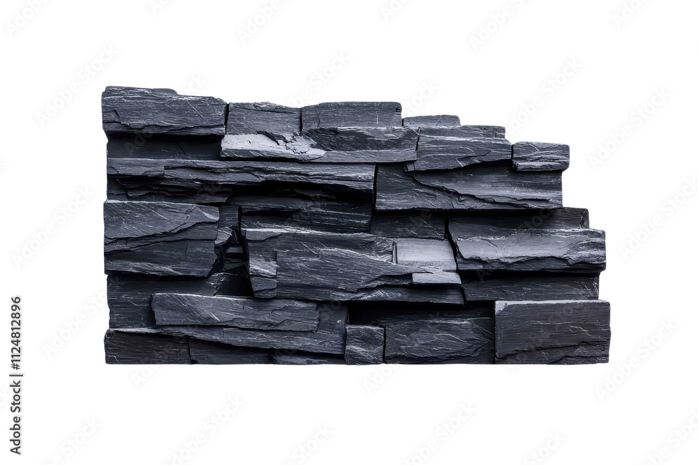Poster a textured wall made of dark slate stone pieces arranged in a layered pattern.
