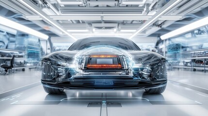 Obraz premium A futuristic car model with translucent features in a high-tech workshop setting.