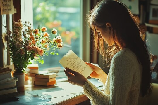 Woman reading heartfelt letter by a sunlit window.