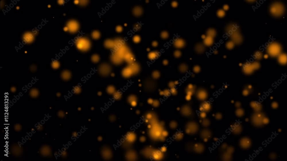 Poster orange particles are floating on a black background, creating an abstract and mesmerizing effect, pe