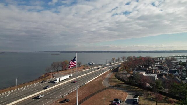 Traffic going onto Throgs Neck Bridge, Long Island and Bronx, NY, 4K drone shot