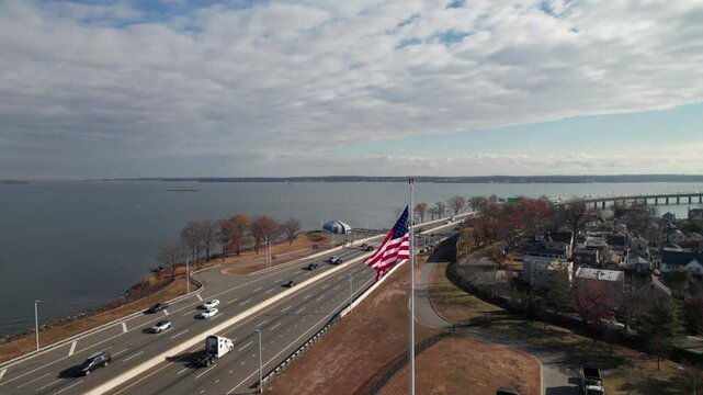 US flag at the Throgs Neck Bridge, Bronx, New York, 4K
