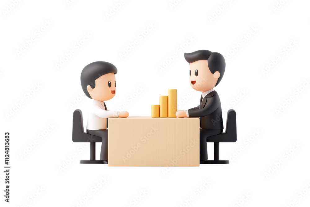 Poster two cartoon figures, one in a suit and one in casual attire, sit at a table discussing, with bar cha