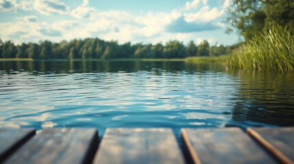 Wooden pier over a lake with forest and reeds in the background