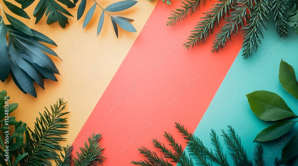 Poster Tropical and fir leaves creating a frame on colorful background
