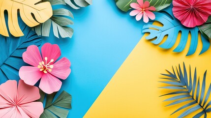 Obraz premium Creative Flat Lay of Tropical Paper Cut Flowers and Leaves on Colorful Background