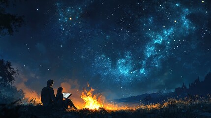 Two people reading by a campfire under a starry sky.
