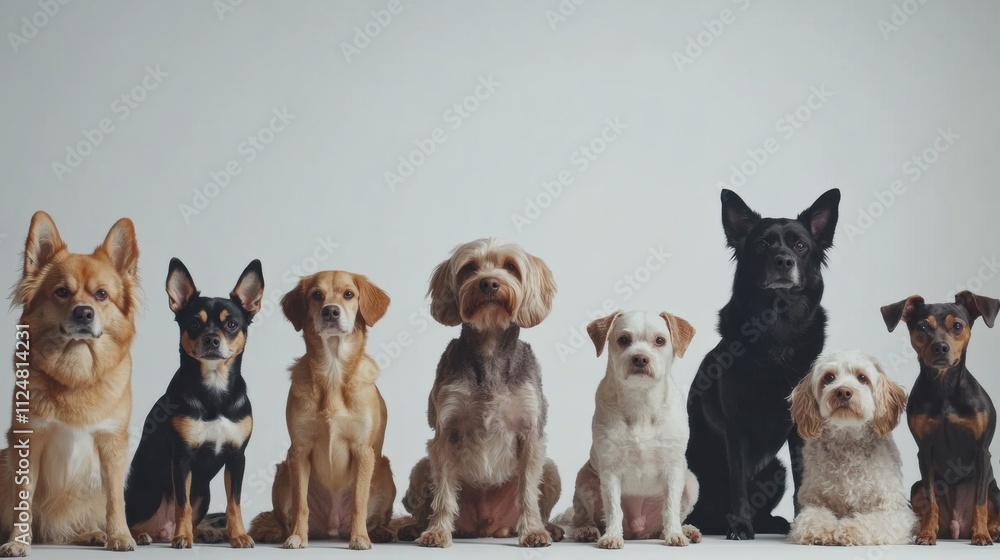 Poster Various dog breeds and sizes gather closely, sitting in a line with a neutral backdrop, creating an inviting atmosphere for text inclusion. Generative AI