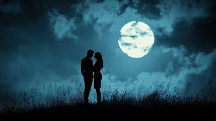 Silhouetted couple kissing under a full moon.