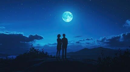 Silhouetted couple kissing under a full moon.