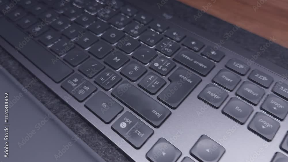 Poster close-up of a sleek black keyboard on a desk with soft lighting and textured background