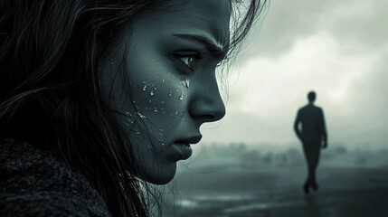 Woman looking upset in snowfall with blurred man walking away.