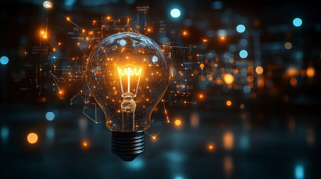 Creative thinking ideas and innovation concept with a light bulb symbolizing new ideas and solutions against a backdrop of abstract shapes representing dynamic and forward-thinking processes.