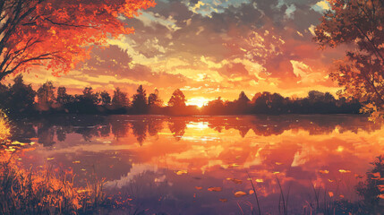 An autumn sunset over a quiet lake, with the sky painted in hues of orange and pink, and a few silhouetted trees reflecting in the water.