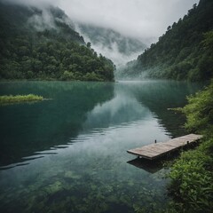 "A misty mountain lake surrounded by lush greenery, with a small dock extending into the water."

