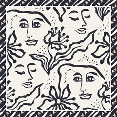 Monochrome black and white brush strokes inky flowers and female faces scarf or bandana design. Abstract floral contemporary background.