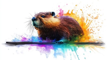 Colorful Beaver Illustration with Splash Background