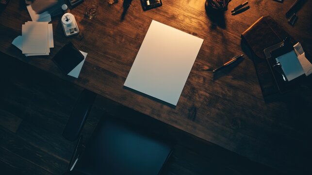 Overhead shot of a wooden desk at night with blank paper, stationery, and tools.