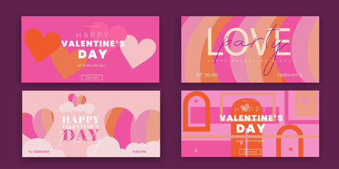 Creative Valentine's Day Set. Modern Art Geometric Hearts and Typography Templates for Party Design, Advertising, Social Media, Posters, Banners, and Covers. Sale Offer 50%.