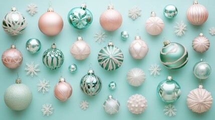 Pastel pink and teal Christmas ornaments arranged on a light blue background with snowflakes.
