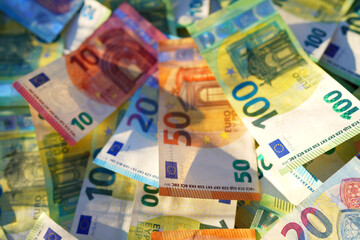 Euro money background. Euro Banknotes Design. Euro cash payment and wages. Cash background. Banknotes of European Union (EU ). Economic and political. Bills for pension and salary. Social finance.