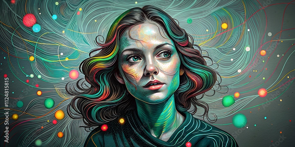 Poster techno style woman portrait with vibrant patterns and glowing shapes in abstract design