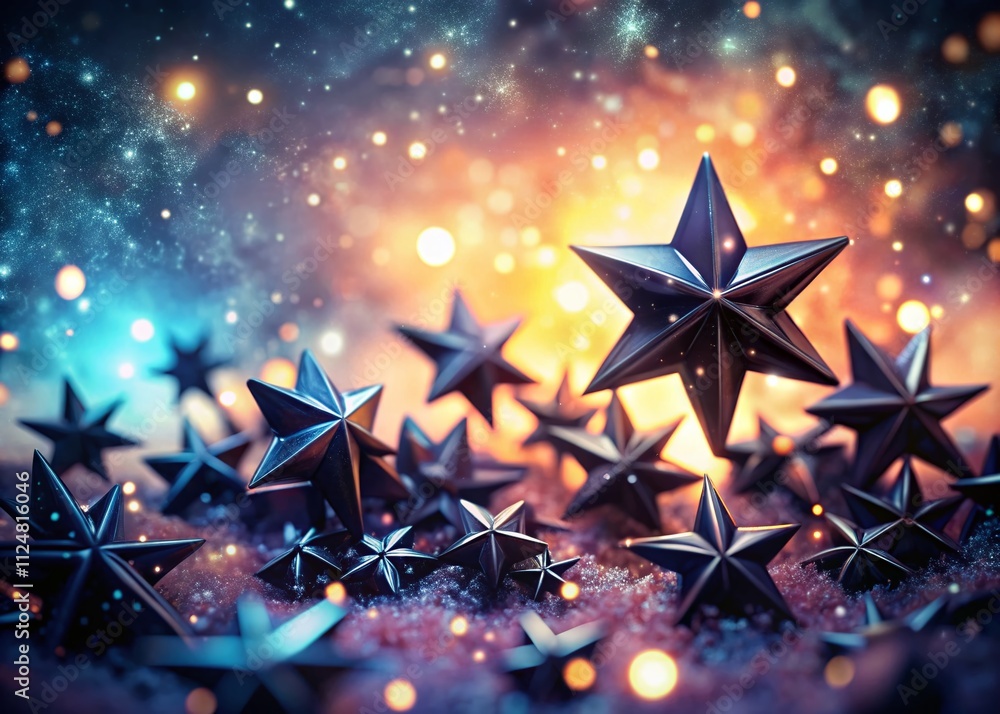 Poster candid photography of a big bundle of black star elements against a soft background, capturing the m