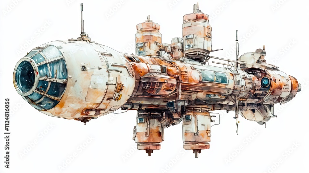 Poster a weathered spaceship design floats in space