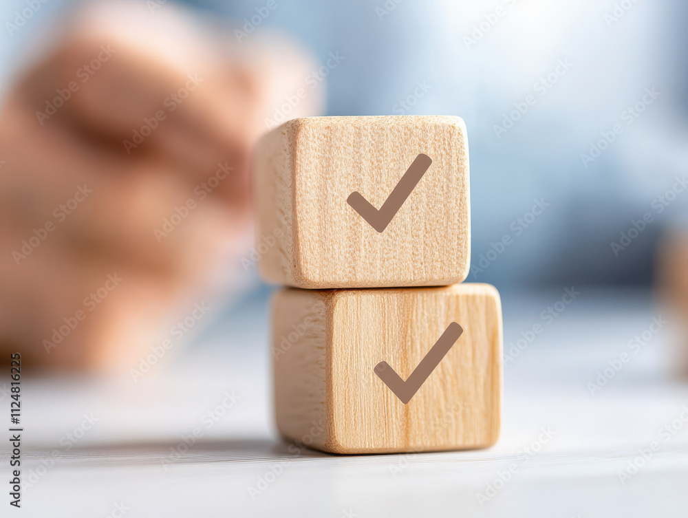 Poster wooden blocks with check marks symbolize progress and organization