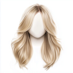 Medium length natural blonde wig with soft layers isolated on white background