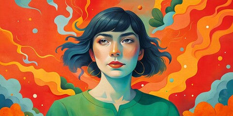Vibrant portrait of a woman with bold colors and abstract shapes, reflecting creativity and inner strength in a modern artistic style