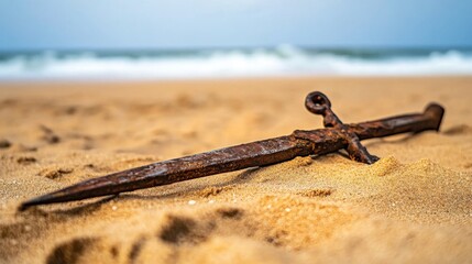 Ancient harpoon resting on sandy beach, partially buried with weathered wooden handle and rusted metal tip, evoking historical maritime heritage and archaeological significance