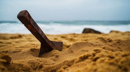 Ancient harpoon resting on sandy beach, partially buried with weathered wooden handle and rusted metal tip, evoking historical maritime heritage and archaeological significance