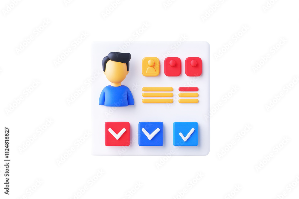 Poster a stylized illustration featuring a person icon alongside various colored buttons and checkmarks rep