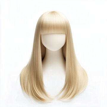 Straight sand blonde wig with sleek bangs isolated on white background