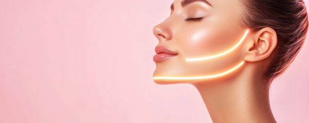 Glowing skin with facial contouring illustration on pink background. Glow ,Youthful and Lines concept.