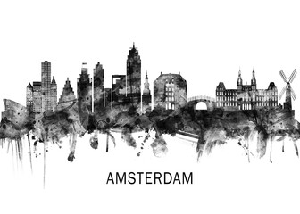 Fototapeta premium Amsterdam Netherlands Skyline BW ,city landscape banner district business print painting watercolor