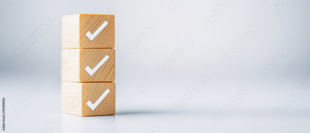 Poster completed tasks represented by wooden blocks with checkmarks