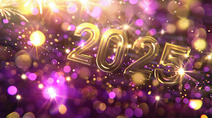 New Year Celebration - Golden Numbers And Fireworks At Eve Night With Abstract Defocused Bokeh Lights