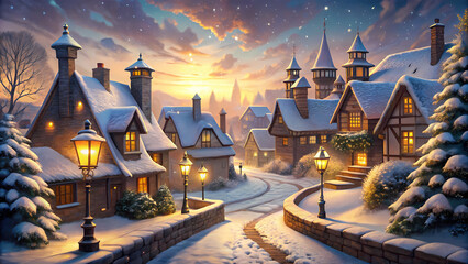 Vintage Post Card: Charming Snowy Street at Night