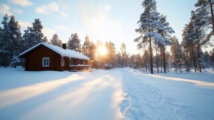 Naklejka premium Cozy wooden cabin in snowy forest at sunset.